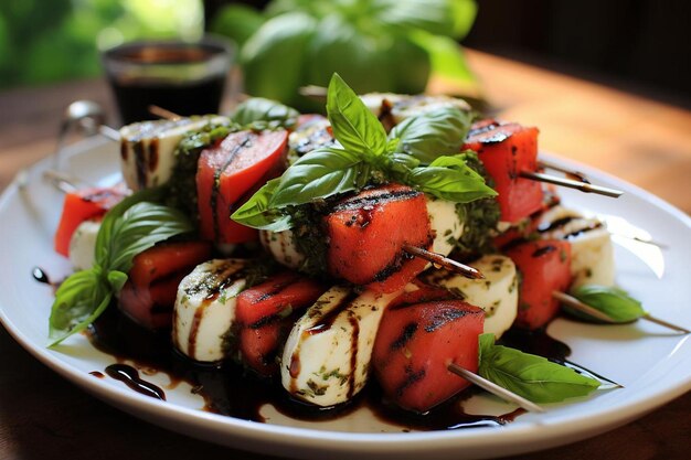 Watermelon Caprese Skewers with Basil watermelon image photography