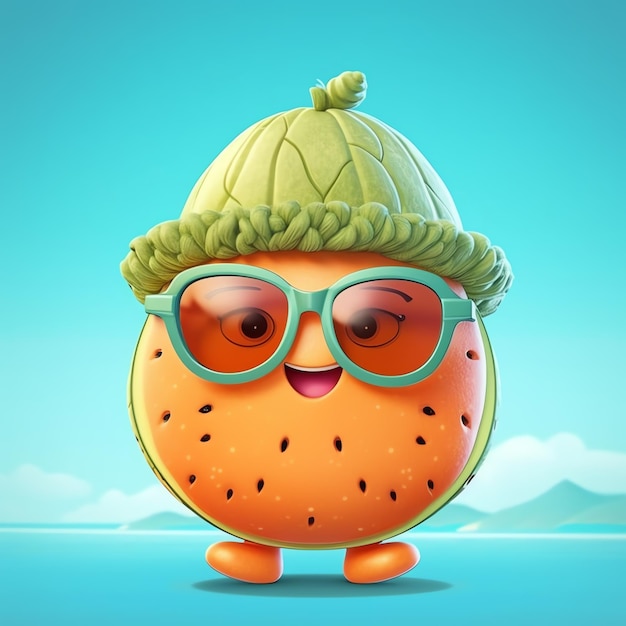 Watermelon character wear sun glasses in ocean background ai generated