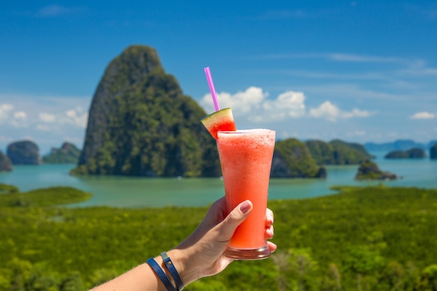 Watermelon cocktail on a background of nature