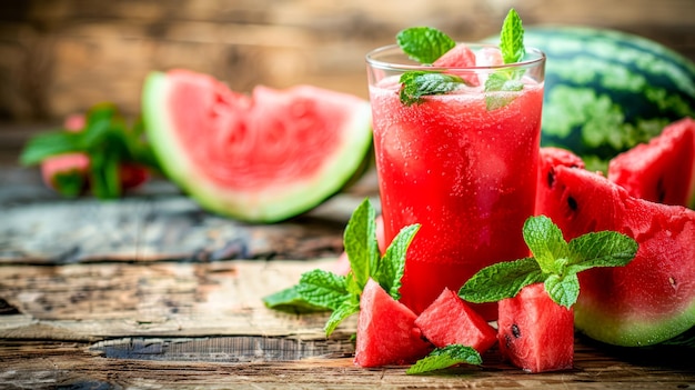 Watermelon cocktail met muntbladeren tegen een rustieke achtergrond