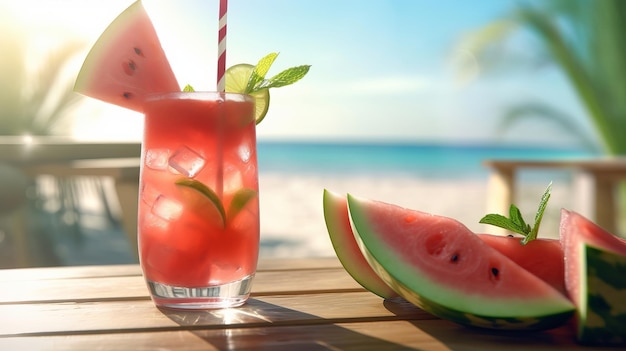 Watermelon cocktail on the table with sun shadows Tropical concept Creative resource AI Generated