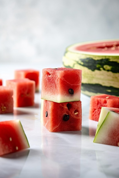 Watermelon cubes are stacked on top of each other.