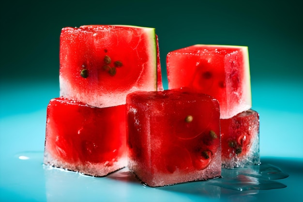 Watermelon cubes with a green background