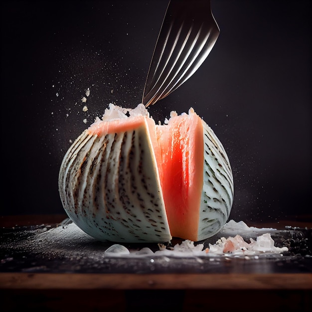 A watermelon cut in half with a fork in it.