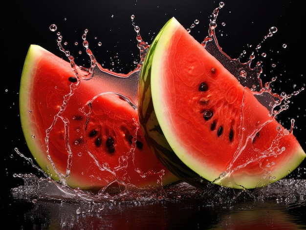 Watermelon Cuts Set Watermelon Slices Red Fruit Parts Zadenloze Watermelon Pieces op donkere achtergrond Generatieve AI Illustratie