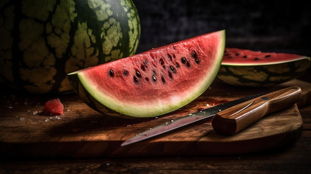 Watermelon on a cutting board with a knife next to it