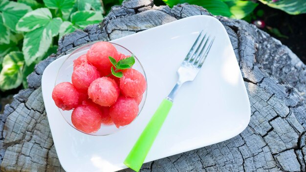 Арбузный десерт на столе в саду