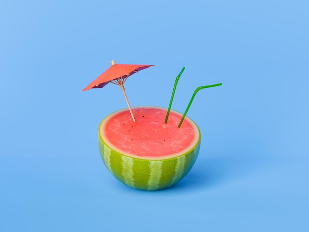 Watermelon Drink with Umbrella and Straws on Blue Background