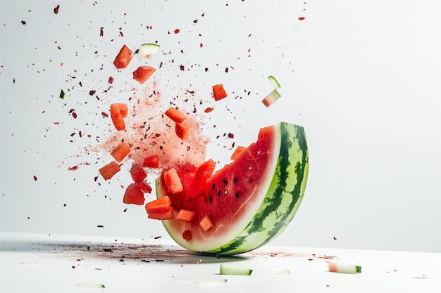 Foto esplosione di melone d'acqua, cubi dinamici e spruzzo di succo