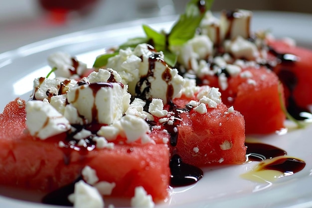 Watermelon Feta Salad met Balsamic Glaze Watermelon beeldfotografie