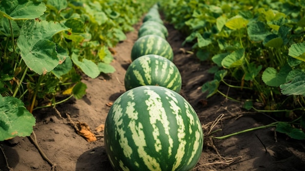 Watermelon in a field with green plants