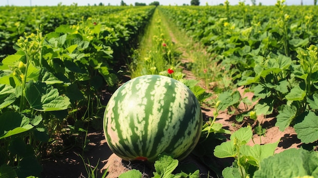 A watermelon in a field with a red flower in the background