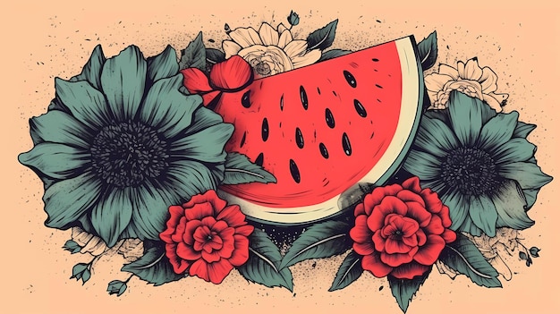 A watermelon and flowers are on a yellow background.