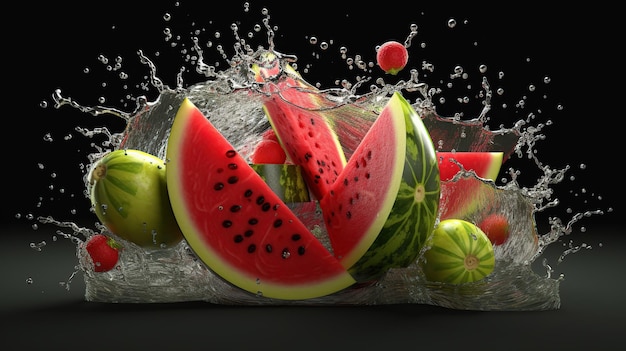 Watermelon fruits with splash water Generative AI