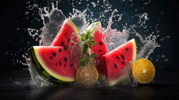 Watermelon fruits with splash water Generative AI