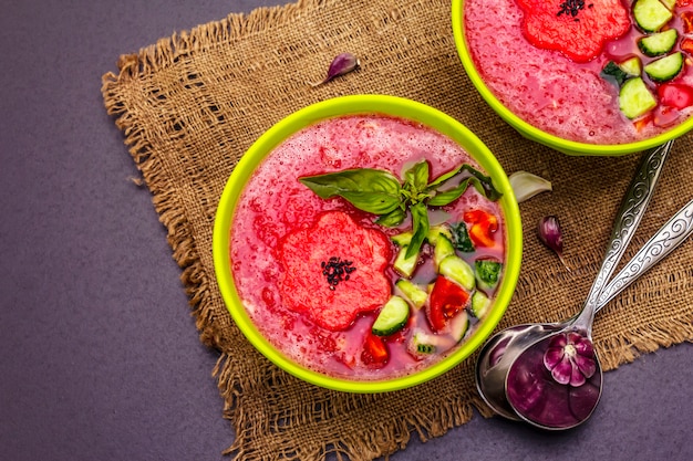 Watermelon gazpacho, traditional Spanish summer cold soup