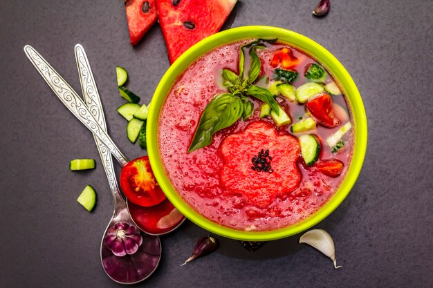Watermelon gazpacho, traditional Spanish summer cold soup