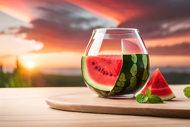 watermelon in a glass with sunset in the background