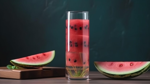 Watermelon in a glass with watermelon seeds on it