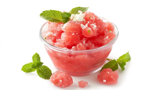 Photo watermelon granita in a glass bowl garnished with mint leaves on a white background