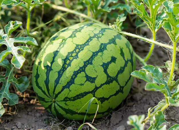 Watermelon on the green watermelon plantations in the summer