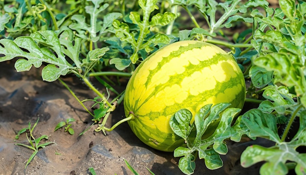 watermelon on the green watermelon plantations in the summer