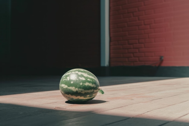 A watermelon on the ground in front of a brick wall