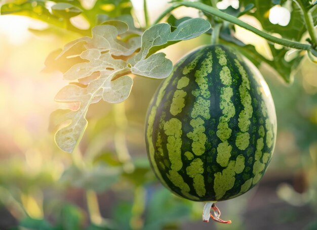 Photo watermelon grows on a tree in the harvest garden on everning sun flare ai generated