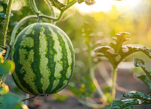 Photo watermelon grows on a tree in the harvest garden on everning sun flare ai generated