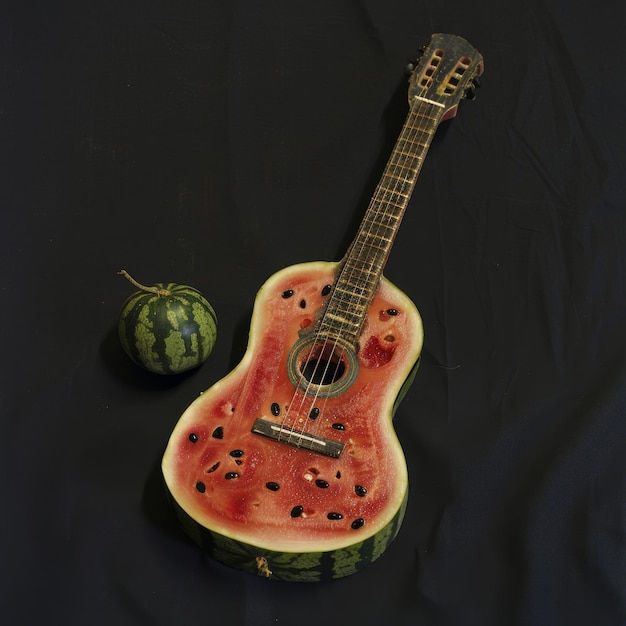 Watermelon Guitar and Watermelon on Black Background