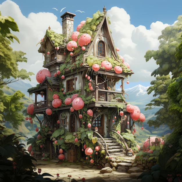 Photo watermelon house with dreamlike illustrations style