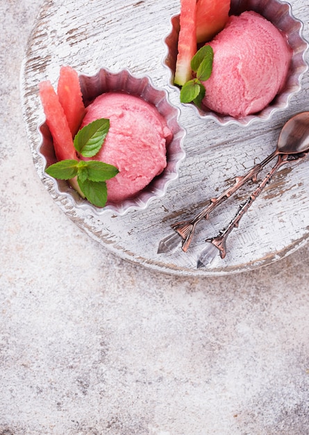 Watermelon ice cream in metal bowls 