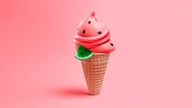 Watermelon ice cream in a waffle cone on a pink background Generative AI