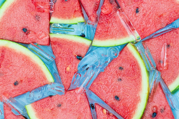 watermelon and ice,Fruit ice cream sliced watermelon on wooden background.