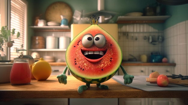 A watermelon is on a counter in a kitchen.