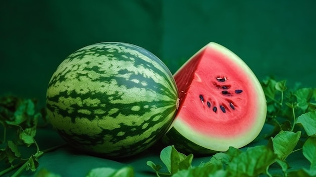 A watermelon is cut in half and is on a green background.