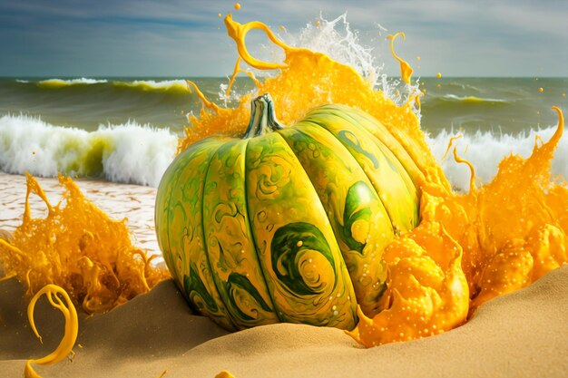 Premium AI Image | A watermelon is falling into the sand and the word