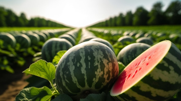 A watermelon is on a field with a row of green and red melons.