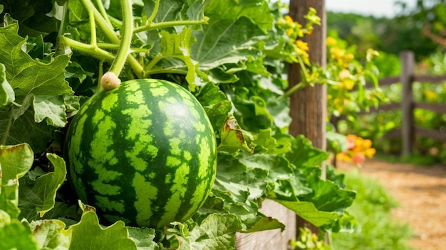 a watermelon is growing in a container with other plants