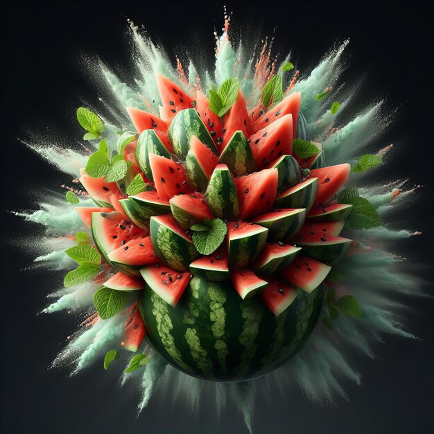 watermelon is the main focus of the image with its slices scattered around it