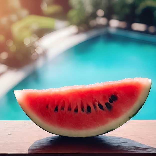 A watermelon is sitting on a table by a pool.