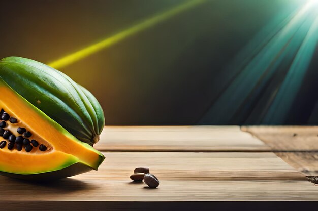 a watermelon is on a wooden table with a book on the table.