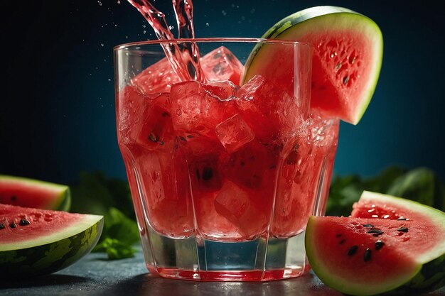 Watermelon juice being poured into a glass with ice c