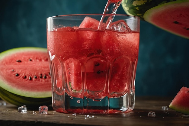 Watermelon juice being poured into a glass with ice c