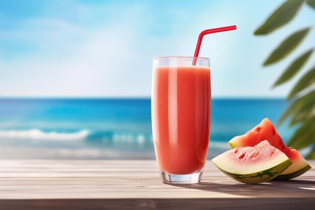 Watermelon juice blended on wooden table on summer sea background