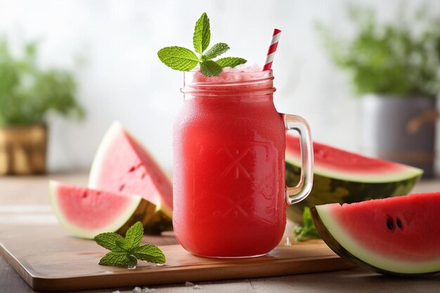 Photo watermelon juice in mason jar with striped straw watermelon juic image photography