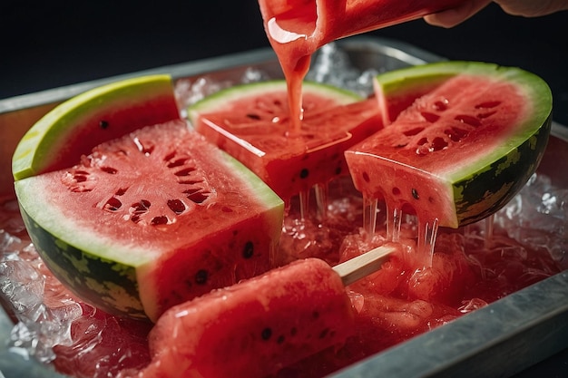 Foto il succo di anguria versato in stampi di gelatina pronti per essere congelati in gelatina