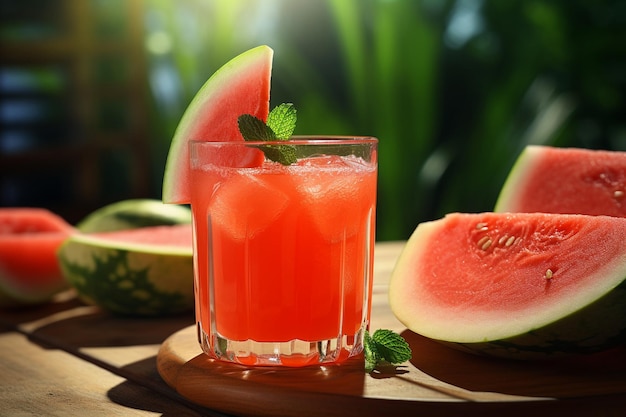Watermelon juice served in a wine glass with a slice of lime on the rim