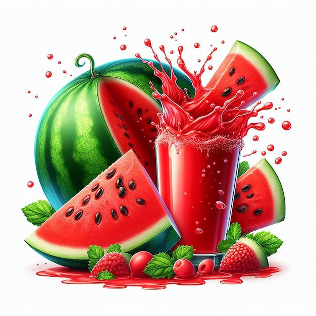 Photo watermelon juice splashing around white background with juicy watermelon isolated