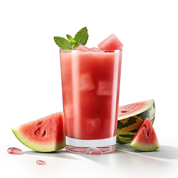 Watermelon juice with splashes with Watermelon fruit in isolated white background studio shot